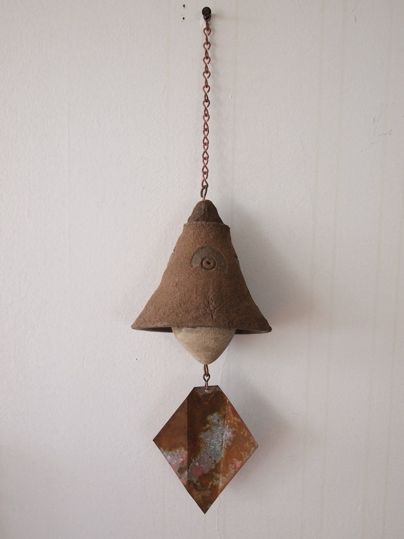 Vintage PAOLO SOLERI Ceramic BELL Wind Chime, 4.5 Cone Abstract Design Clay Copper Mid-Century Modern Art sculpture Italian eames knoll era image 7