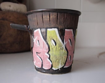 Original ROBERTO LUGO Ceramic ASHTRAY 3.5" Cup Creamer Soy Sauce Pourer Yellow Pink Graffiti Modern Contemporary Art studio pottery