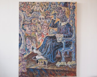 Original Peter PASSUNTINO Expressionist FIGURATIVE PAINTING 46x35" Oil / Canvas Surrealist Portrait Mid-Century Modern Art eames knoll era