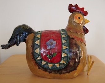 Vintage FOLK ART ROOSTER Sculpture Chicken Bird, outsider tribal primitive, mid-century modern eames era