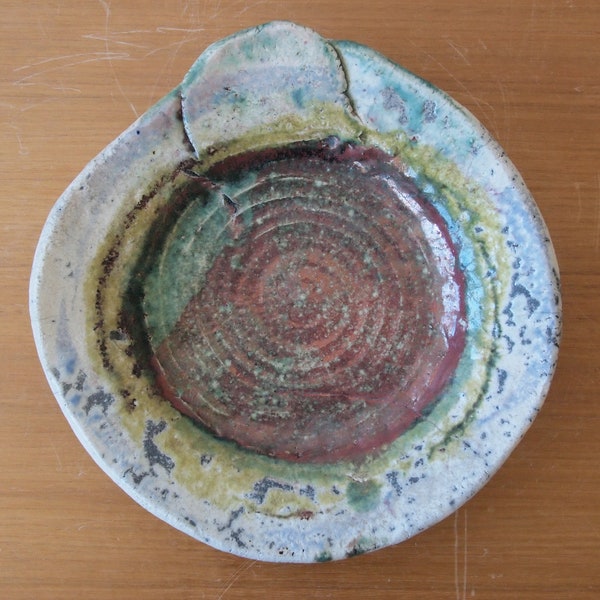 Vintage NANCY JURS Raku Footed DISH Bowl Ashtray 9", Brutalist Colorful Mid-Century Modern Art studio pottery ceramic eames knoll era