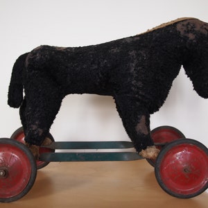 Vintage Antique Stuffed HORSE PULL TOY, Steiff, Wheels, Folk Art rustic primitive mid-century modern eames era image 3