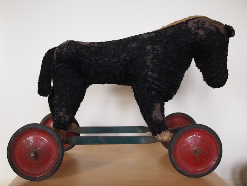 Vintage Antique Stuffed HORSE PULL TOY, Steiff, Wheels, Folk Art rustic primitive mid-century modern eames era image 3