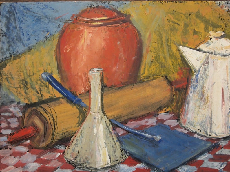 Original Vintage KARL FOSTER Still Life PAINTING 13x25 Oil / Board Kitchen Table Expressionist Art, Mid-Century Modern eames knoll era image 2