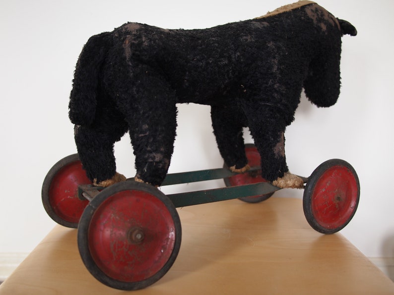 Vintage Antique Stuffed HORSE PULL TOY, Steiff, Wheels, Folk Art rustic primitive mid-century modern eames era image 6