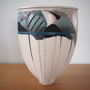 Original Vintage NANCY APRIL VASE Large Abstract, 14&quot; White Pink Blue, Mid-Century Post Modern Art studio pottery ceramic memphis eames era