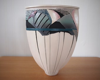 Original Vintage NANCY APRIL VASE Large Abstract, 14" White Pink Blue, Mid-Century Post Modern Art studio pottery ceramic memphis eames era