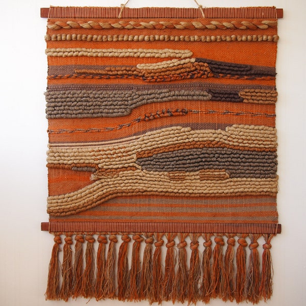 Vintage WOVEN WALL HANGING 46x38", Jute Hemp Wool Yarn, Earth Tones, Mid-Century Modern folk fiber art macrame boho bohemian eames era