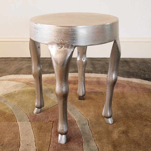 3 Available: Silver METAL SIDE End TABLE w/ Hoof Legs 13" Dia. 17" High, Goat Sheep Deer Horse Hollywood Regency Post-Modern Deco eames era