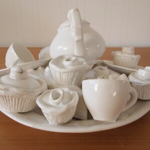 Vintage TEA PARTY SCULPTURE White Ceramic 13x12x7 Teapot Teacups Cupcakes Pie Saucers Plate, Mid-Century Modern Art folk eames knoll era image 2