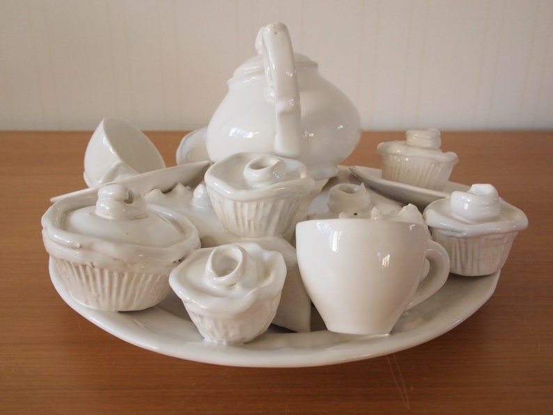 Vintage TEA PARTY SCULPTURE White Ceramic 13x12x7 Teapot Teacups Cupcakes Pie Saucers Plate, Mid-Century Modern Art folk eames knoll era image 2