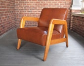 Russel WRIGHT LOUNGE Arm CHAIR Armchair, Maple Wood Frame, Brown Leather-Like Vinyl, Mid-Century Modern thonet danish eames knoll risom era