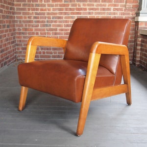 Russel WRIGHT LOUNGE Arm CHAIR Armchair, Maple Wood Frame, Brown Leather-Like Vinyl, Mid-Century Modern thonet danish eames knoll risom era image 1