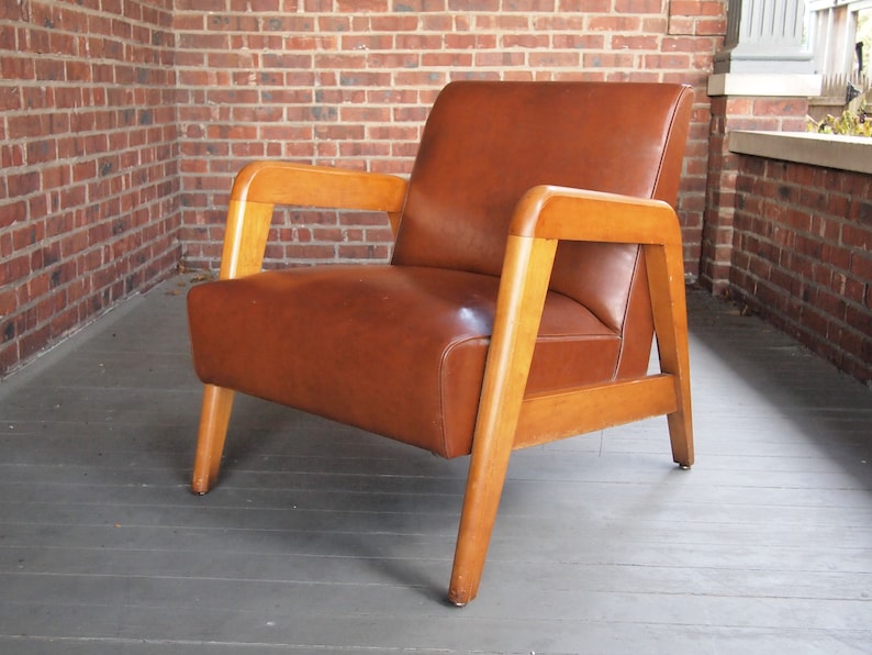 Russel WRIGHT LOUNGE Arm CHAIR Armchair, Maple Wood Frame, Brown Leather-Like Vinyl, Mid-Century Modern thonet danish eames knoll risom era image 1