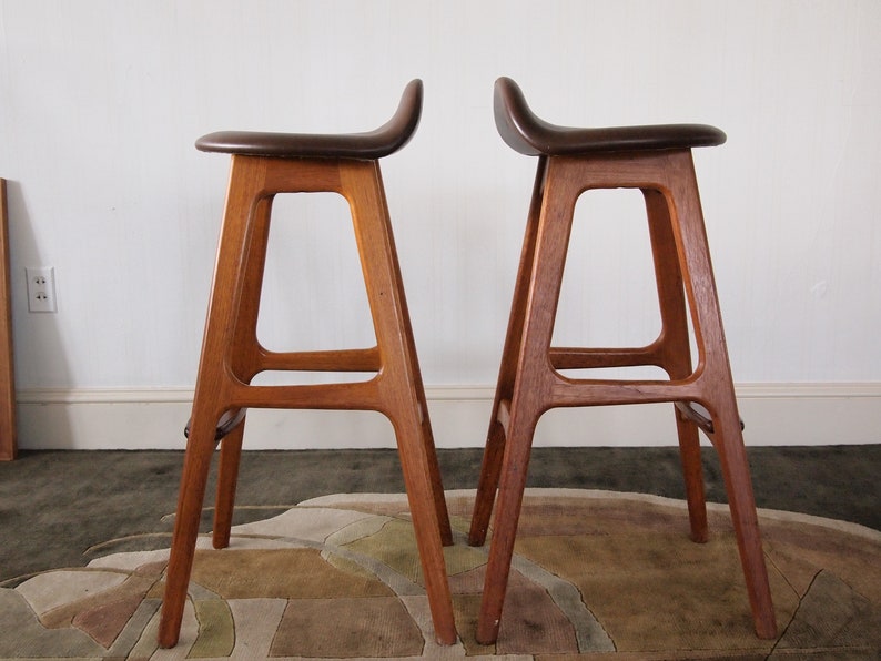 Pair 2 Vintage ERIK BUCH Model 61 Bar STOOL Barstool Teak Rosewood, Brown Vinyl, O.D. Mobler Danish Mid-Century Modern Eric Buck eames era image 3