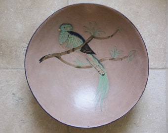 Original Vintage CERAMIC BOWL QUETZAL Bird Large 17" dia. Studio Pottery Dish Plate Charger Mid-Century Modern Art eames knoll era