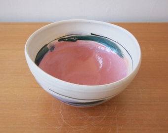 Vintage NANCY JURS Large BOWL 9", White Clay Pink Colorful Mid-Century Modern Art studio pottery ceramic eames knoll era