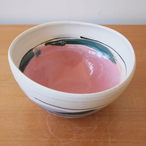 Vintage NANCY JURS Large BOWL 9", White Clay Pink Colorful Mid-Century Modern Art studio pottery ceramic eames knoll era