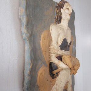 Original SUKI DIAMOND Ceramic Wall SCULPTURE 19x17 Woman with Dog Armchair Chair Studio Pottery Post-Modern Expressionist Modern Art image 8