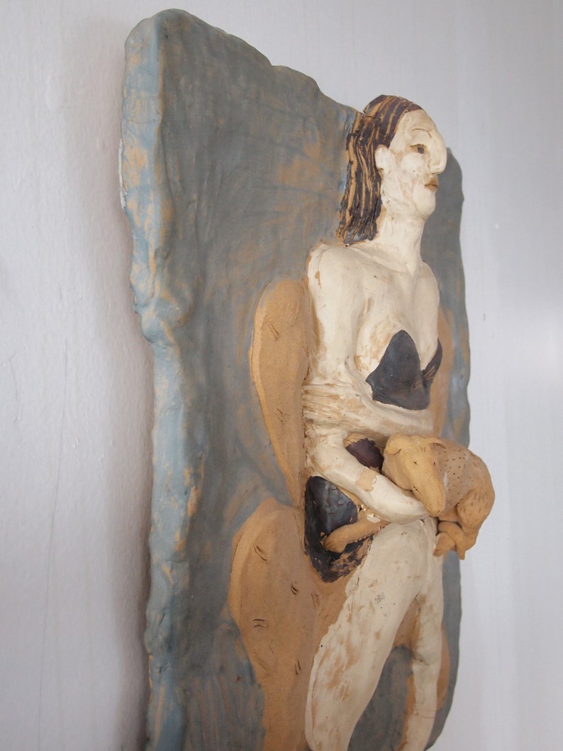 Original SUKI DIAMOND Ceramic Wall SCULPTURE 19x17 Woman with Dog Armchair Chair Studio Pottery Post-Modern Expressionist Modern Art image 8