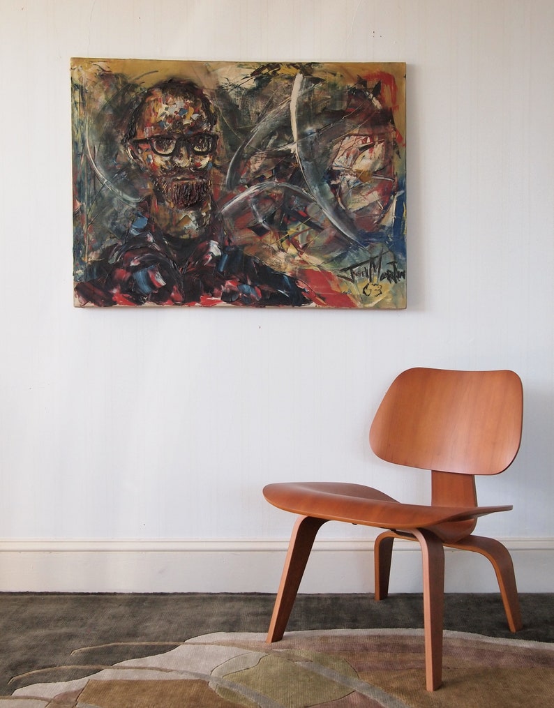 Original 1963 JOEL MARTIN Portrait PAINTING 28x38 Oil / Canvas, Impasto Expressionist Man Glasses Mid-Century Modern Art abstract eames era image 10