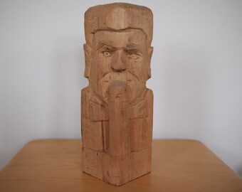 FRED GERBER Hand-Carved Wood SCULPTURE, 12" High, Phallic, Man Bust Portrait Carving Modern Folk Outsider Art Brut wooden eames era