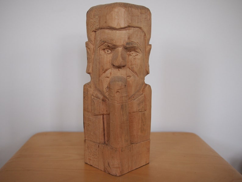 12 High FRED GERBER Hand-Carved Wood SCULPTURE Phallic Man Bust Portrait Carving Modern Folk Outsider Art Brut wooden eames era