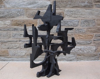 Original ANTHONY Tony TREZZA Abstract Wood SCULPTURE 50" Large-Scale Black Mid-Century Modern Art Constructivist Cubist Brutalist eames era