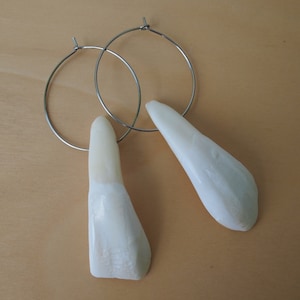 May include: A pair of silver hoop earrings with white teardrop-shaped pendants. The pendants have a smooth, polished surface.