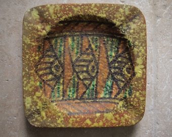 Vintage LAVA Glaze Italian CERAMIC ASHTRAY Abstract Fish Design 8.5" square Pottery Tray Italy Mid-Century Modern bitossi raymor eames era
