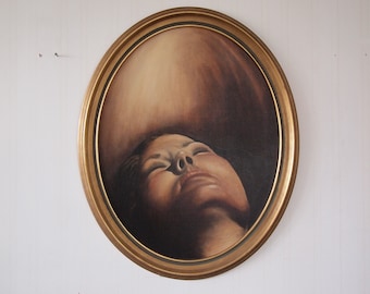 Original Vintage 1975 OVAL PORTRAIT PAINTING 32x26" Framed Oil / Canvas, Woman Female Face Sleeping Mid-Century Modern Art eames knoll era