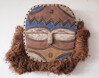 Vintage BATEKE Carved WOOD Dance Wall MASK 14" Raffia Beard African Art Sculpture Congo, mid-century modern tribal folk art eames knoll era