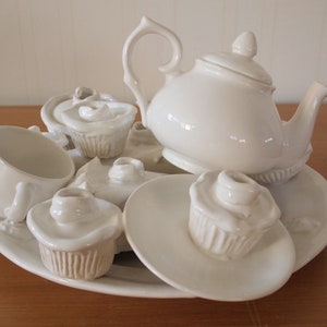 Vintage TEA PARTY SCULPTURE White Ceramic 13x12x7 Teapot Teacups Cupcakes Pie Saucers Plate, Mid-Century Modern Art folk eames knoll era image 3