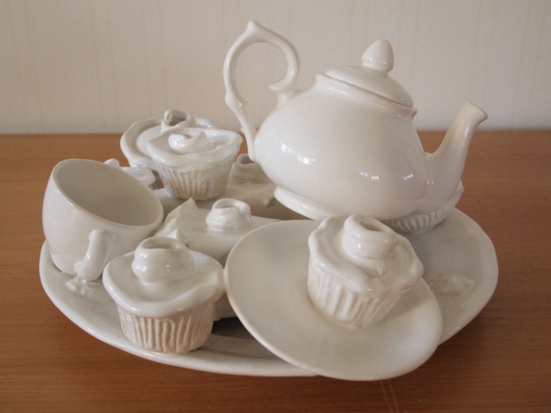 Vintage TEA PARTY SCULPTURE White Ceramic 13x12x7 Teapot Teacups Cupcakes Pie Saucers Plate, Mid-Century Modern Art folk eames knoll era image 3