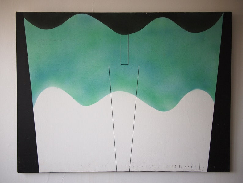 Original 1983 SOLANGE ESCOSTEGUY PAINTING 30x40 Acrylic / Canvas, Large Abstract Op Art Brazilian, green mid-century modern eames knoll era image 1