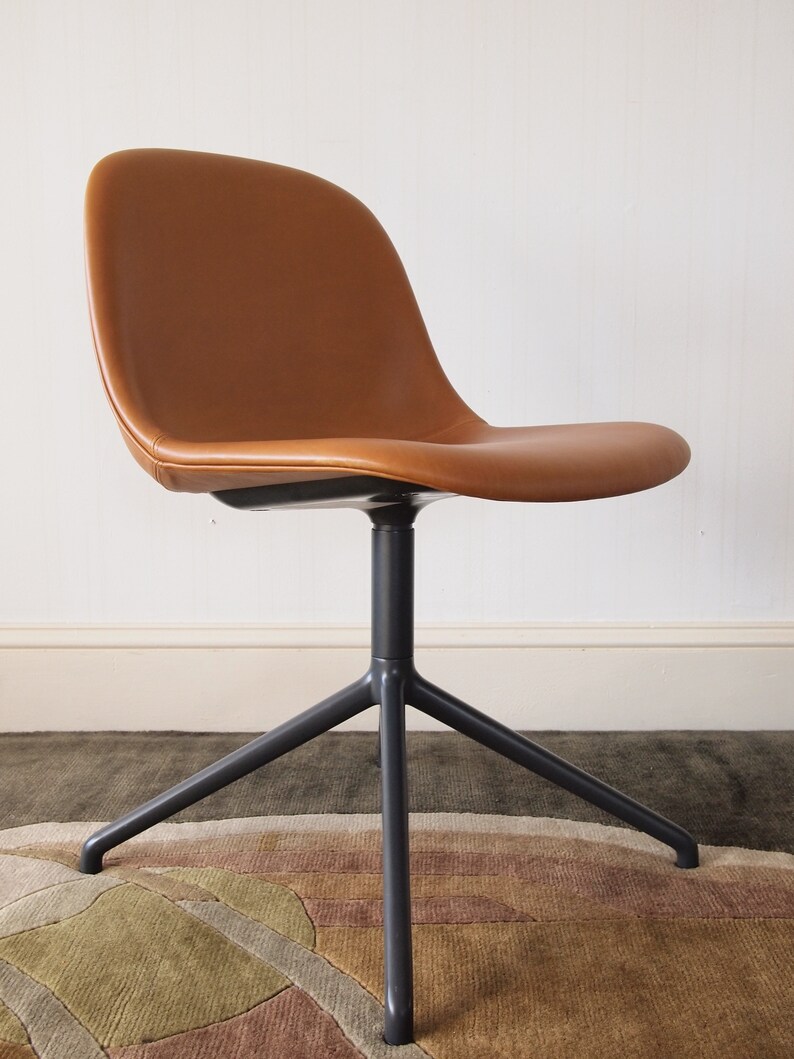 MUUTO FIBER Side CHAIR, Desk Dining Accent Swivel, Cognac Tan Leather, Gray Steel Base, Mid-Century Modern Bauhaus danish eames knoll era image 3