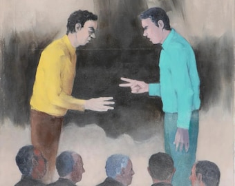 Original Vintage JOSEPH JESWALD PAINTING 49x44", Oil / Canvas, Two Men Playing Shoot, Large Mid-Century Modern Art surrealist eames era