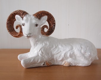 Vintage CERAMIC RAM FIGURE 18" Italian White Sheep Goat Horns Antlers Sculpture, Mid-Century Modern Italy bitossi raymor eames era
