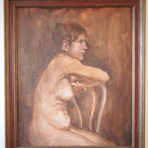 Original Robert DOKTOR NUDE Portrait PAINTING Female Woman Chair 27x23 Oil / Board, Mid-Century Modern Art folk outsider eames knoll era image 2