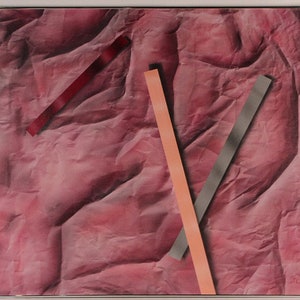 May include: Abstract painting with three diagonal lines in shades of red, orange, and gray on a textured pink background.
