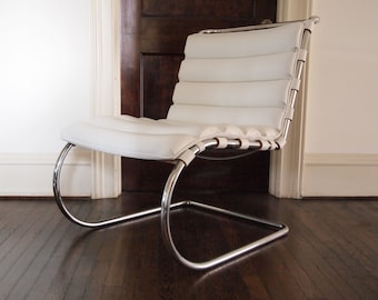 KNOLL Mies van der Rohe MR Lounge CHAIR, White Volo Leather, Chrome Frame, Mid-Century Modern Bauhaus le corbusier danish eames era