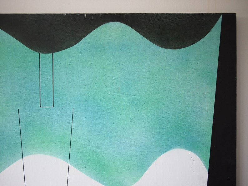 Original 1983 SOLANGE ESCOSTEGUY PAINTING 30x40 Acrylic / Canvas, Large Abstract Op Art Brazilian, green mid-century modern eames knoll era image 3