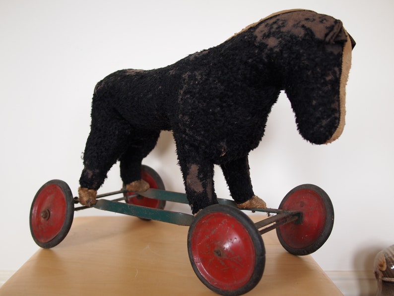 Vintage Antique Stuffed HORSE PULL TOY, Steiff, Wheels, Folk Art rustic primitive mid-century modern eames era image 2