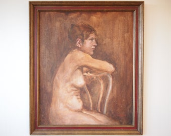 Original Robert DOKTOR NUDE Portrait PAINTING Female Woman Chair 27x23" Oil / Board, Mid-Century Modern Art folk outsider eames knoll era