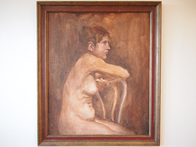 Original Robert DOKTOR NUDE Portrait PAINTING Female Woman Chair 27x23 Oil / Board, Mid-Century Modern Art folk outsider eames knoll era image 1