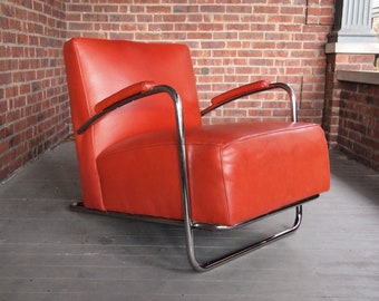 Art DECO Style LOUNGE CHAIR Arm Armchair, Chrome + Red Leather, Gilbert Rohde Machine Age Kem Weber Lloyd Mid-Century Modern eames knoll era