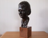 Original Vintage 1970s HARVEY SCHOR BUST Female Woman, 23 quot High, Plaster Bronze Wood Mid-Century Modern art sculpture portrait eames era
