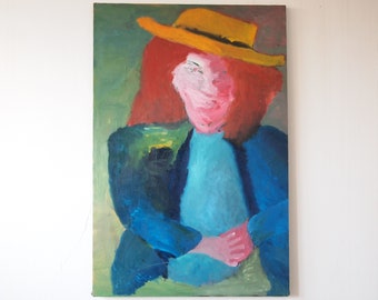 Original Greg WEAVER PORTRAIT PAINTING Woman in Hat 36x24" Acrylic / Canvas Vintage Mid-Century Modern Art Abstract colorful eames knoll era