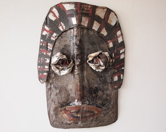 Original JERRY COKER Wall MASK Sculpture, 19" Found Metal + Paint, tribal, Outsider Folk Art brut naive primitive mid-century modern eames