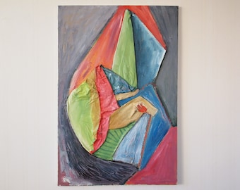 Original Vintage DAVID BLUMER Abstract Expressionist PAINTING 36x24" Oil / Canvas Mixed Media Mid-Century Modern Art folk outsider eames era